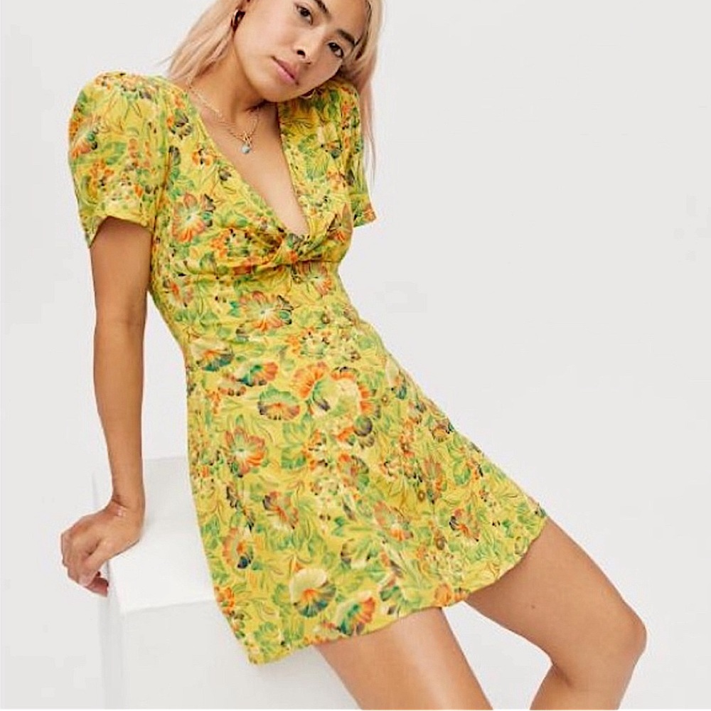 NWT Urban Outfitters Yellow Floral Mini Dress - Picture 1 of 12
